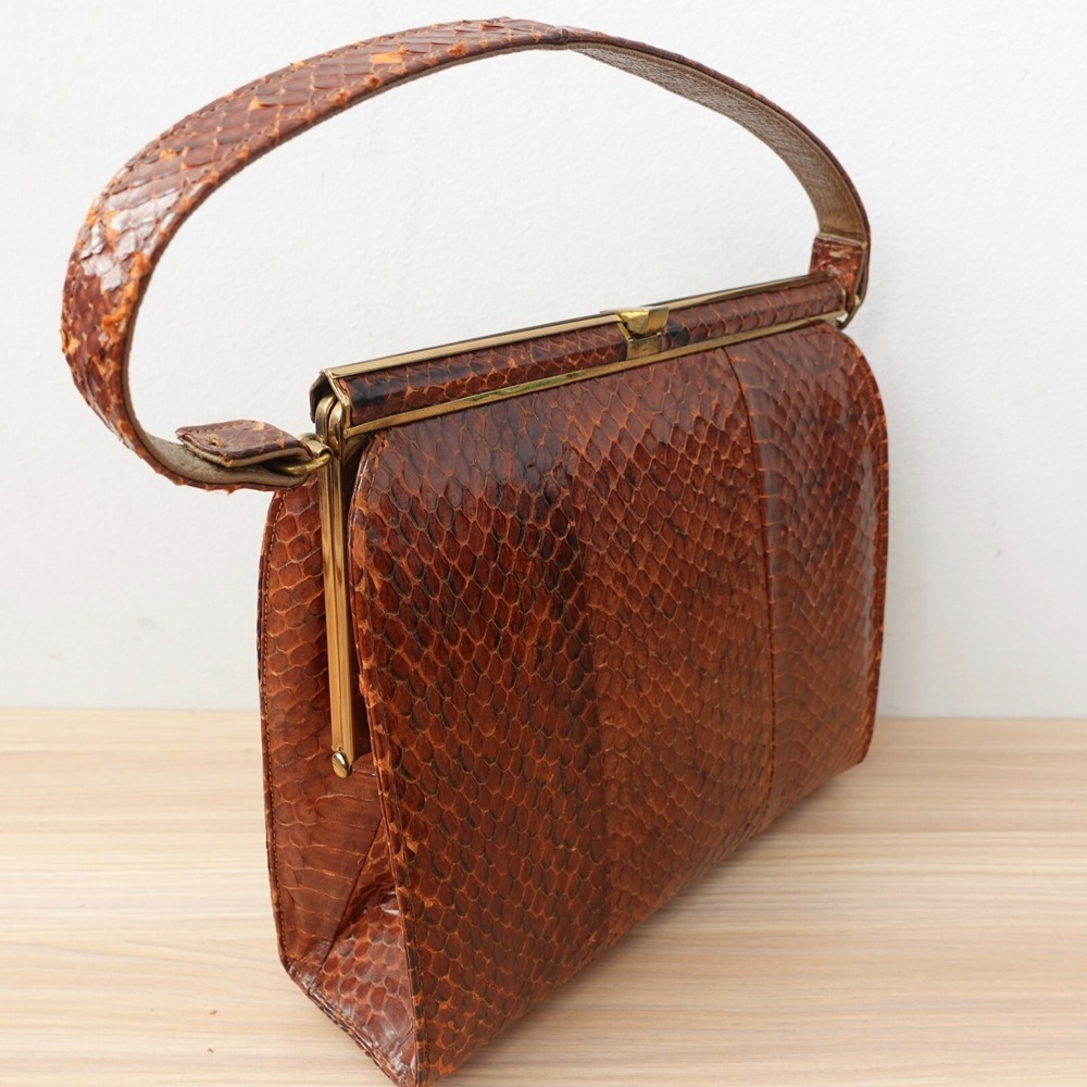 Vintage Python Bag Snakeskin Frame Box Purse Brow… - image 3